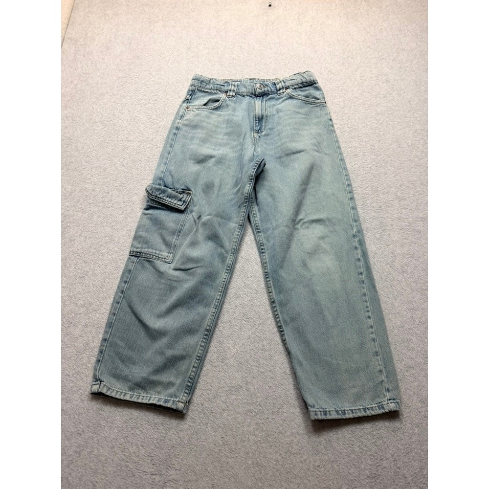 ZARA kids Wide Leg Cargo Jeans Light Wash Blue Denim Utility Pants Size 12